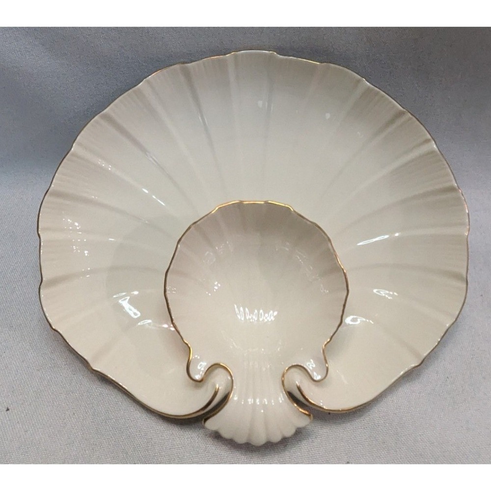 Lenox Shell Chip and Dip Server Unisex 12in Ivory Excellent 24K Gold Trim USA